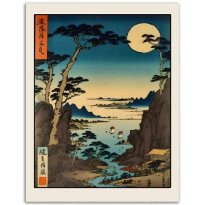 Fisherman at the Seaside Bridge, Ukiyo-e Woodblock Print! An Ode to Tranquility and Ephemeral Beauty.